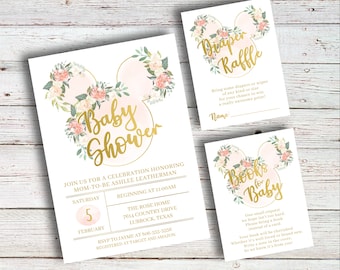 Classic Min nie Mouse / Baby Shower, dis ney, invitar, invitación, vintage, acuarela, rosa, crema, oro, flor, bonita, imprimible, diy