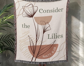 Scripture Throw Blanket, Consider The Lilies Boho, Bible Verse, Woven, Tapestry, Christian