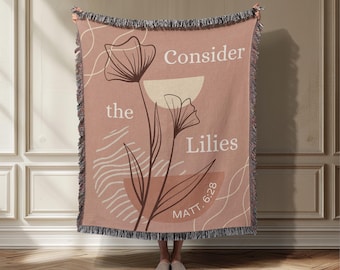 Pink Boho Woven Blanket: Consider The Lilies Scripture Throw