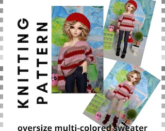 Knitting sweater pattern for minifee, slim msd, 1/4 bjd doll.