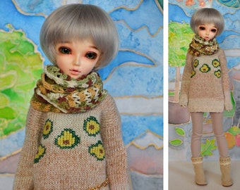 Knitted sweater, scarf and jewelry for  Minifee, slim MSD, BJD 1/4 doll. (For people 14+)