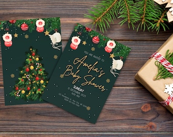 May include: A green Christmas-themed baby shower invitation with gold lettering. The invitation reads "You are invited to Amelia's Baby Shower" with the date and time of the event. The invitation is decorated with a Christmas tree, ornaments, and snowflakes.