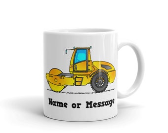 Personalized Roller Mug. Ceramic Coffee Mug with Yellow Construction Roller Compactor. Custom Truck Driver and Operator Gifts. M064