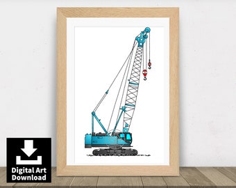 Blue Crawler Crane Illustration. Printable Poster. Construction Crane Machine Decor. Boys Office Room Art Print E081 DIGITAL DOWNLOAD