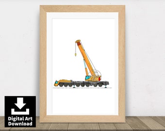 Yellow Crane Prints, Construction Crane Posters. 16-Wheeled Trucks. Nursery Room Vehicle, Construction Office. [E076] DIGITAL DOWNLOAD