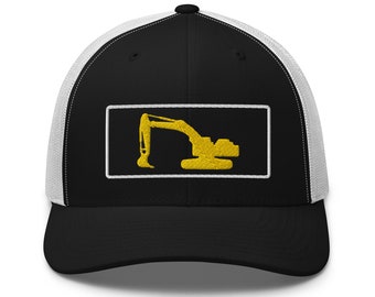 Excavator Cap. Trucker Cap With Embroidered Yellow Excavator for Heavy Equipment Operator and Driver. Construction Theme Hats. C003