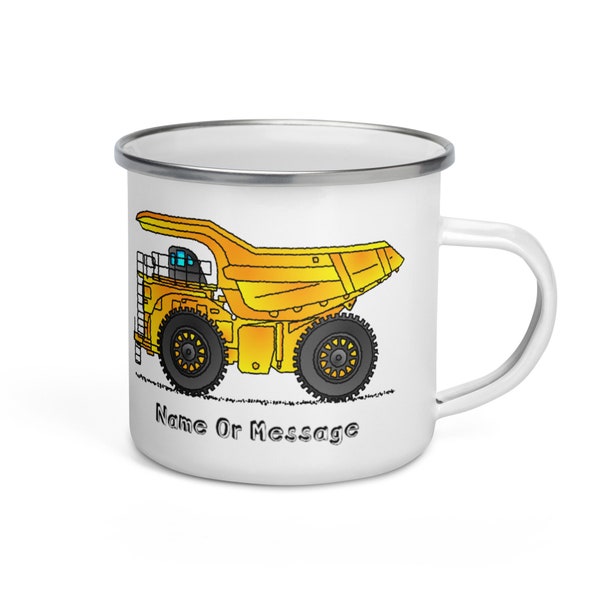 Enamel Dump Truck Mug. Personalized Kids Mug with Yellow Dump Truck for Childrens Hot Chocolate. Custom Construction Theme Party Favor. T008