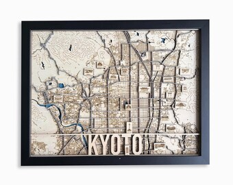 Kyoto City Map in Wood – Handcrafted Temple & Landmark Wall Art