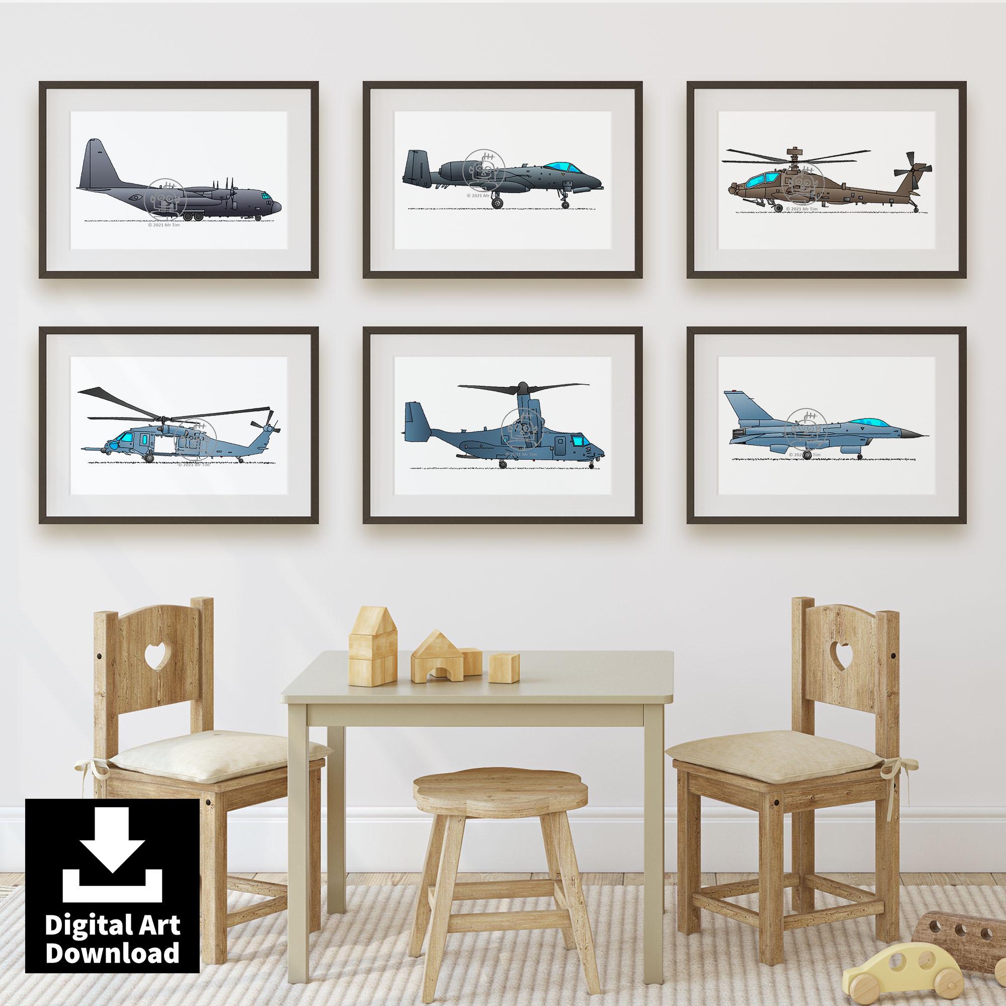 Set mit 6 Drucken von Flugzeugen – Militär Postern, Luftfahrt, Kampfflugzeugen, Armee Helikoptern – Digital Download Bundle