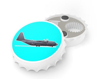 Airforce Bottle Opener. Gray Military Transport Plane on Blue Magnetic Bottle Cap. Airforce Gifts for Pilots and Wedding Favors. B002