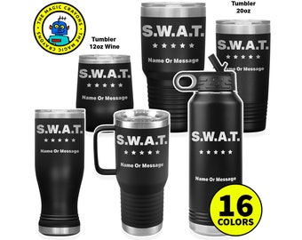Personalized Police SWAT Tumbler with Lid. Stainless Steel Custom SWAT Mug with Handle, Coffee Cup, Water Bottle, Police Officer Gifts. U001