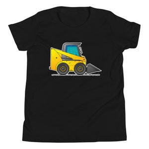 May include: A black t-shirt with a yellow and black cartoon image of a small, compact, skid-steer loader.