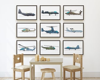 Set of 9 Military Aircraft Posters. Choose Any 9 Helicopter, Fighter Jet, or Aircraft Prints. Aviation Wall Art Collection. Bedroom, Office