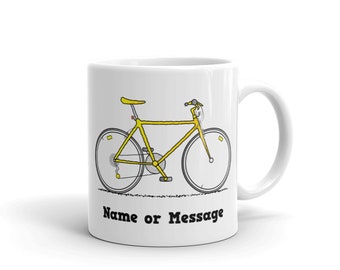 Personalized Bicycle Mug. Coffee Mug with a Yellow Road Bike. Custom Ceramic Coffee Mug for Cyclists. Cycling Gifts for Him and for Her M001