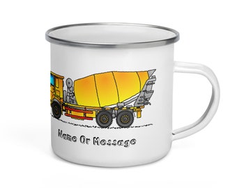 Enamel Concrete Mixer Mug. Personalized Kids Mug with Yellow Cement Mixer for Childrens Drinks. Custom Construction Theme Party Favor. T028