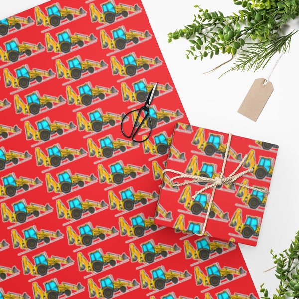 Backhoe Wrapping Paper. RED Roll of Premium Gloss Paper with Yellow Backhoe Diggers for Christmas Gifts and Birthday Presents. WP012