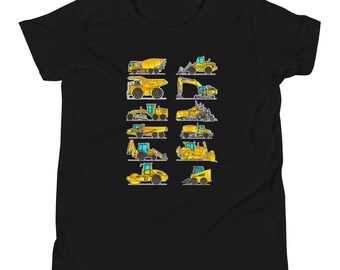 Construction Vehicle T-Shirt, Youth Kids Fan, Skid Steer, Dump Truck, Excavator, Bulldozer, Road Roller, Grader, Cement Mixer, Digger YT001