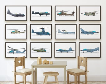 Set of 12 Military Aircraft Posters. Choose Any 12 Helicopter, Fighter Jet, or Aircraft Prints. Aviation Wall Art Collection. Boys Bedroom