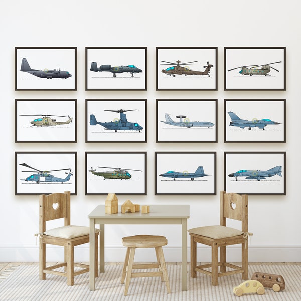 Set aus 12 Militärflugzeugen Postern. Wähle 12 Hubschrauber, Kampfjets oder Flugzeugdrucke aus. Luftfahrt, Kunstsammlung. Jungen Schlafzimmer