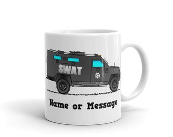 Police SWAT Truck Mug. Personalized Coffee Cup, Black White S.W.A.T. Car, Custom Name, Badge Number. Officer Gifts. Tactical Operations M056