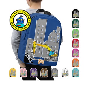 Sac à dos d'excavatrice personnalisé. Sac à dos scolaire avec pelle jaune. Sac à dos minimaliste pour enfants et adultes avec poche pour ordinateur portable 15 pouces. J001