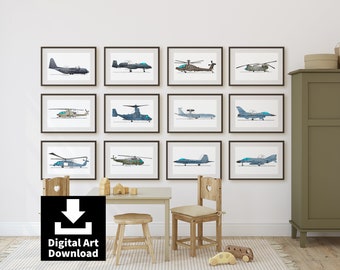 Lot de 12 impressions d'avions, d'affiches militaires, d'affiches de l'armée de l'air, d'hélicoptères de l'armée, d'avions de chasse, d'art de l'aviation TÉLÉCHARGEMENT NUMÉRIQUE E115
