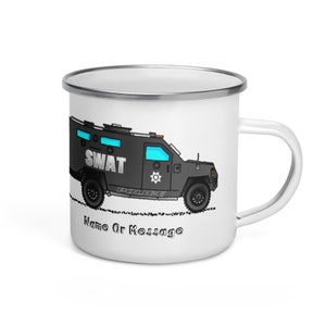 Enamel SWAT Mug. Personalized Kids Mug with SWAT Team Armoured Truck for Childrens Hot Chocolate. Custom Police Theme Party Favor. T026