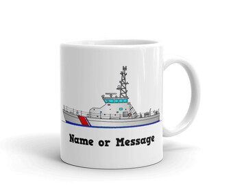Personalized Coastguard Mug. Ceramic Coffee Mug with White and Red Coast Guard Ship. Custom Boat Skipper And Crew Nautical Theme Gifts. M017