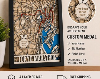 Tokyo Marathon Wooden Map – Handcrafted Race Route Art – Personalized Finisher Gift for Runners