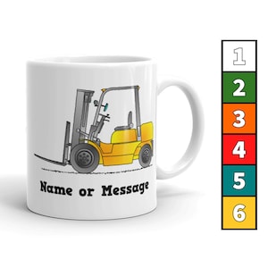 Tazza personalizzata per carrello elevatore in 6 colori. Regali personalizzati per carrelli elevatori per operatori con licenza. Veicoli gialli. Tazze da caffè in ceramica M004