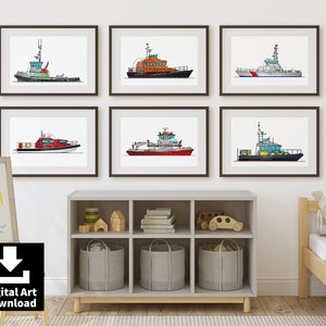 Set of 6 Rescue Boat Prints – Lifeboats, Police Launch, Ambulance Boat, Downloadable Art