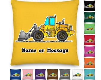 Custom Wheel Loader Pillow. Yellow Digger Cushion for Boys Room Decor. Personalized Heavy Machinery Construction Digger Driver Gifts. P024