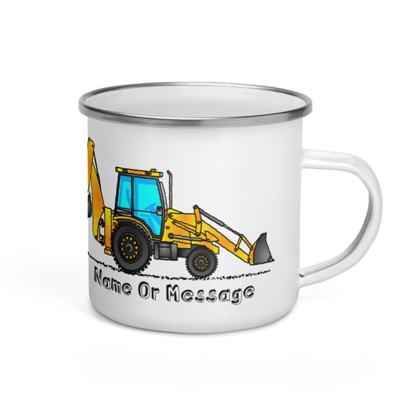 Enamel Backhoe Mug. Personalized Kids Mug with Yellow Backhoe for Childrens Hot Chocolate. Custom Construction Theme Party Favor. T006