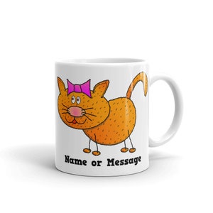 Personalized Cat Mug. Ceramic Coffee Mug with Orange Cat and Pink Bow. Custom Cat and Kitten Gifts. Cartoon Cat Gift for Pet Cat Owners M025
