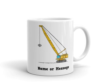 Personalized Crawler Crane Mug. Custom Yellow Crane Ceramic Coffee Mug. Construction and Building Site Theme for Drivers and Operators. M069