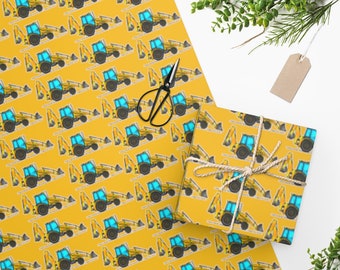 Backhoe Wrapping Paper. YELLOW Roll of Premium Gloss Paper with Yellow Backhoe Diggers for Christmas Gifts and Birthday Presents. WP011