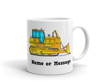 Personalized Bulldozer Mug. Ceramic Coffee Mug with Yellow Bulldozer. Custom Truck Driver and Construction Theme Retirement Gifts. M061