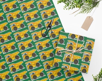 Dump Truck Wrapping Paper. GREEN Roll of Premium Gloss Paper with Yellow Dump Trucks for Christmas Gifts and Birthday Presents. WP006