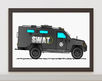 SWAT Truck Print, Police Car Print, Police Wall Art, Transportation Decor, Boy Room Decor, Kids Bedroom Art, Emergency Vehicle Poster R008