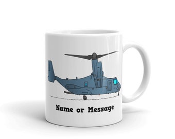 Personalized Tilt-Rotor Mug. Ceramic Coffee Mug with Gray Vertical Take Off Aircraft. Military Gifts for Pilots, Mechanics and Crew. M011