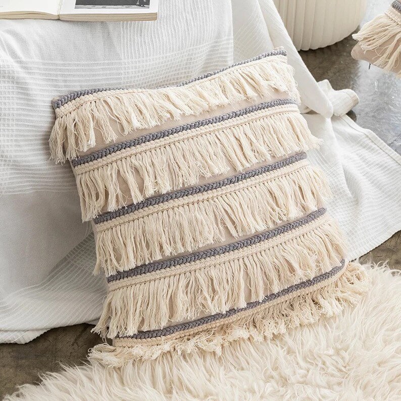 Tasselled Cotton Linen Cushion Pillow Cover Boho Fringe Etsy