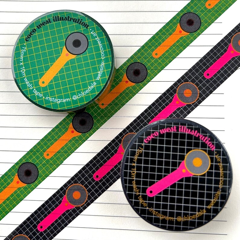 May include: Washi tape rolls and strips with a repeating pattern of a pink and orange tool design on a black and green grid background. The rolls have text that reads "coco west illustration". The tape is 15mm x 10m.