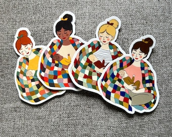 Patchwork Mother and Baby Quilt Sticker, Vinyl waterproof sticker for water bottles, laptops, sewing machines, notebooks, Mother's Day gifts