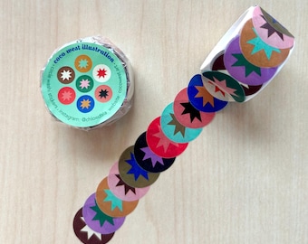 Colorful Stars Overlap Washi Tape Circle Stickers, 84 Stickers Per Roll, Sawtooth Quilt Block, Bright Stationery, Sewing Room, Quilter Gifts