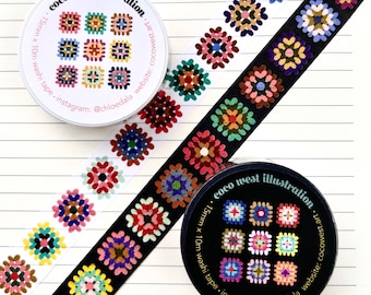 Granny Squares Colorful Washi Tape - Vibrant Crochet Stationery, Craft Room Supplies and Fiber Art Gift Multicolored Blocks on Black & White