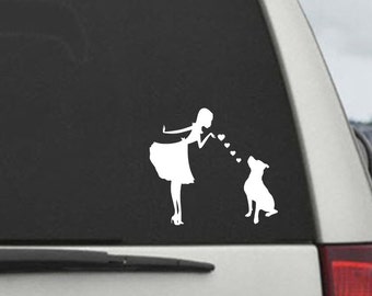 Pinup Girl with Pitbull Dog -  Pitbull Mom Blowing Kisses Decal - Car Window Decal Sticker Vinyl Laptop Decal