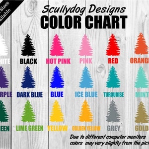 May include: Colour chart showing 14 different colours for a custom design. The colours are represented by stylised pine trees. The colours are: white, black, hot pink, pink, red, orange, purple, dark blue, blue, ice blue, turquoise, mint, green, lime green, yellow, golden yellow, grey, and gold.