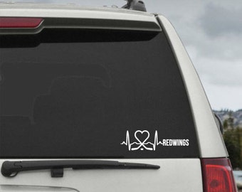 Red Wings Heartbeat EKG Hockey Heart Decal - Car Window Decal Sticker