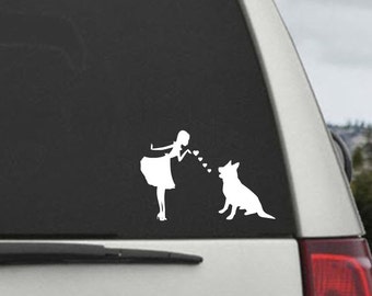 Pinup Girl with German Shepherd Dog Decal- German Shepherd Mom Blowing Kisses Decal -- Car Window Decal Sticker