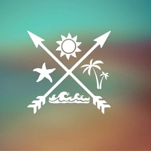 May include: White silhouette of a sun, palm trees, a starfish, and waves on a background of blurred turquoise, orange, and brown colors. Two white arrows cross in the center of the design.